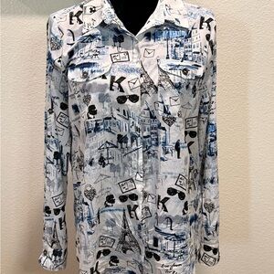 Karl Lagerfeld White Shirt Jacket with Blue & Black Paris Print
